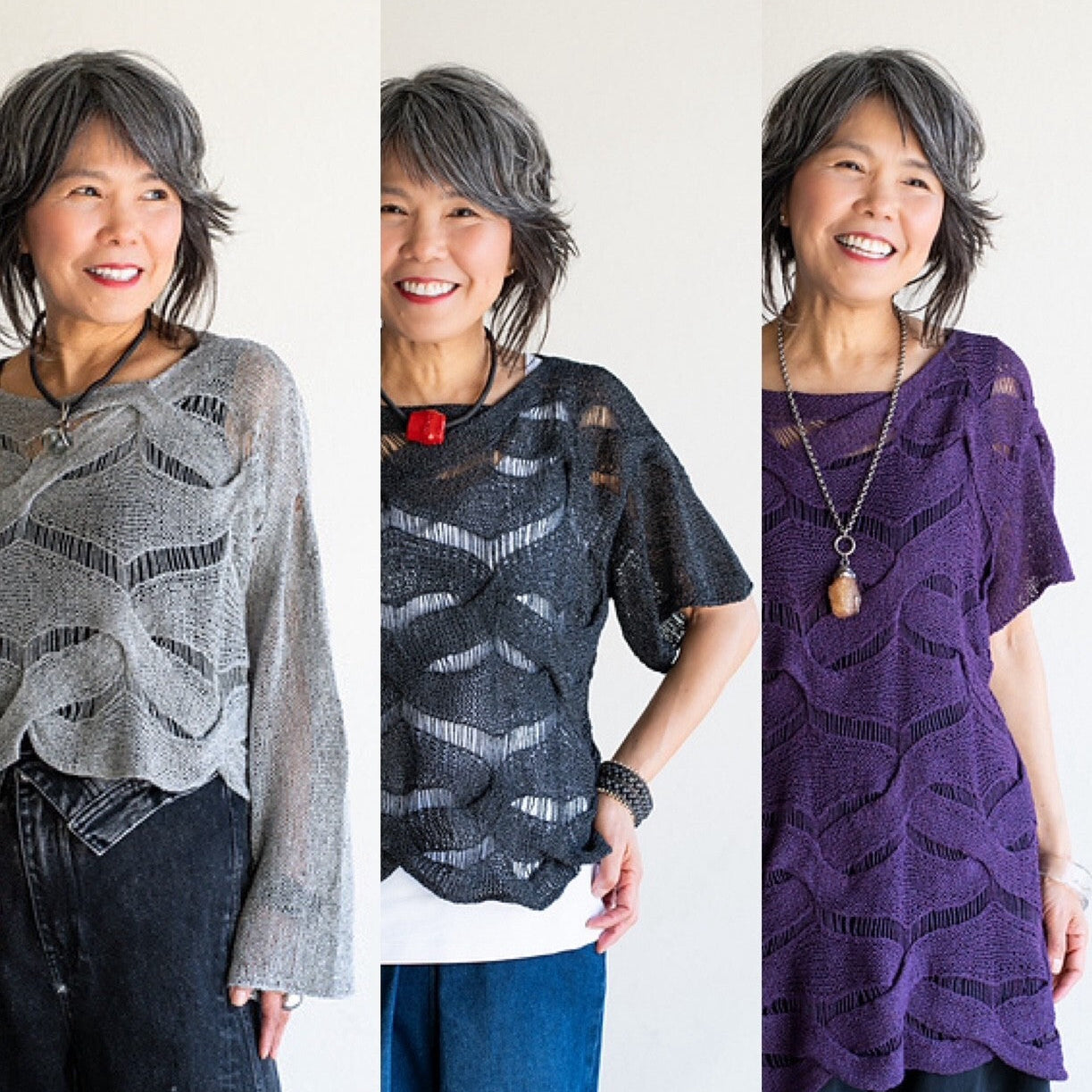 Three images of a woman wearing different patterned tops against a white background